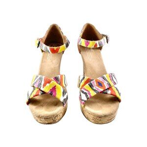 Toms Womens Sienna Cork Wedge Sandals Size 8.5 Multicolor Ikat Aztec Boho Summer